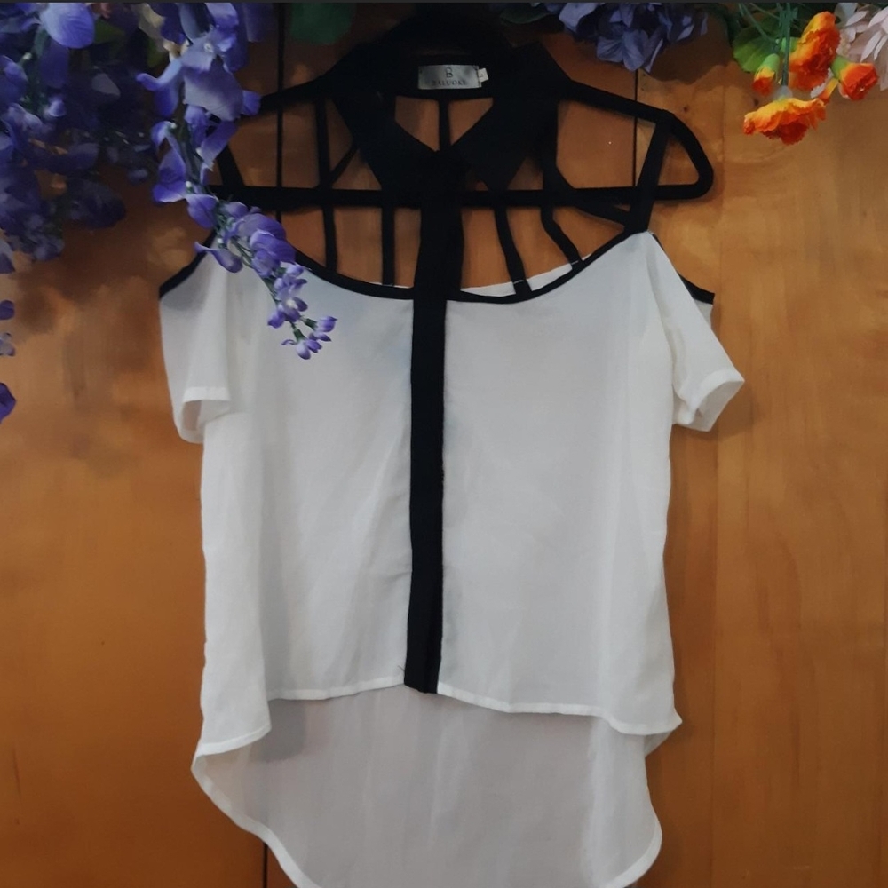 Black and White Off Shoulder Blouse With Cutout Design and Collar
